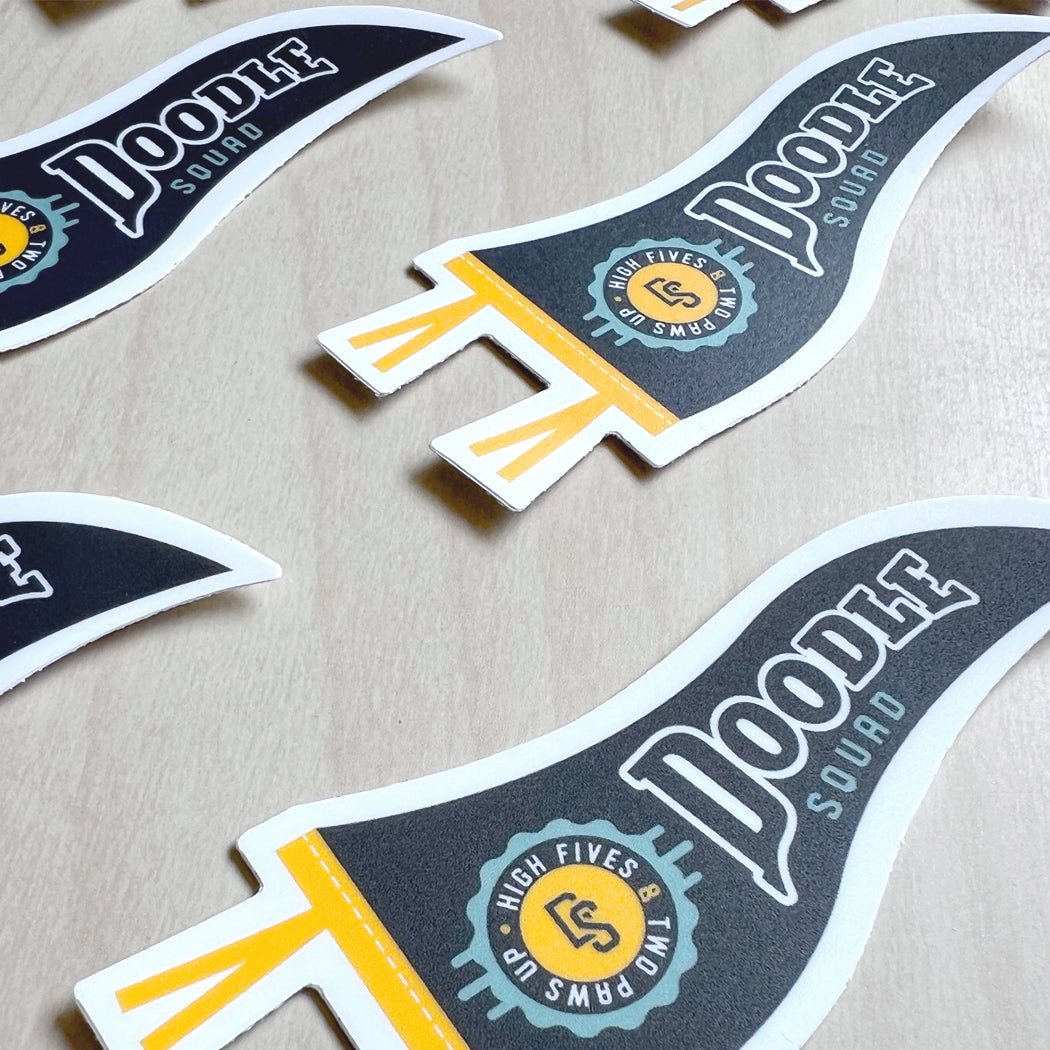 Doodle Squad Pennant Sticker featuring a waterproof vinyl design for doodle dog lovers.