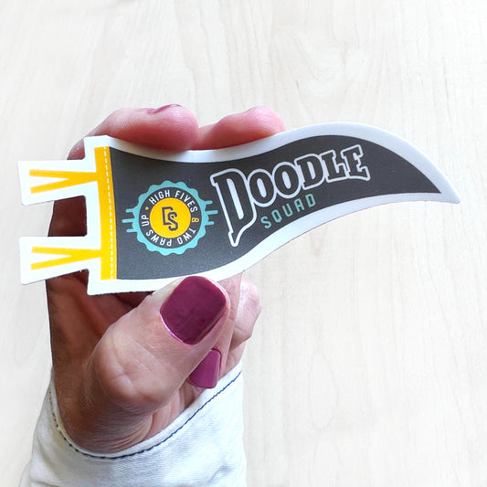 Doodle Squad Pennant Sticker featuring a waterproof vinyl design for doodle dog lovers.