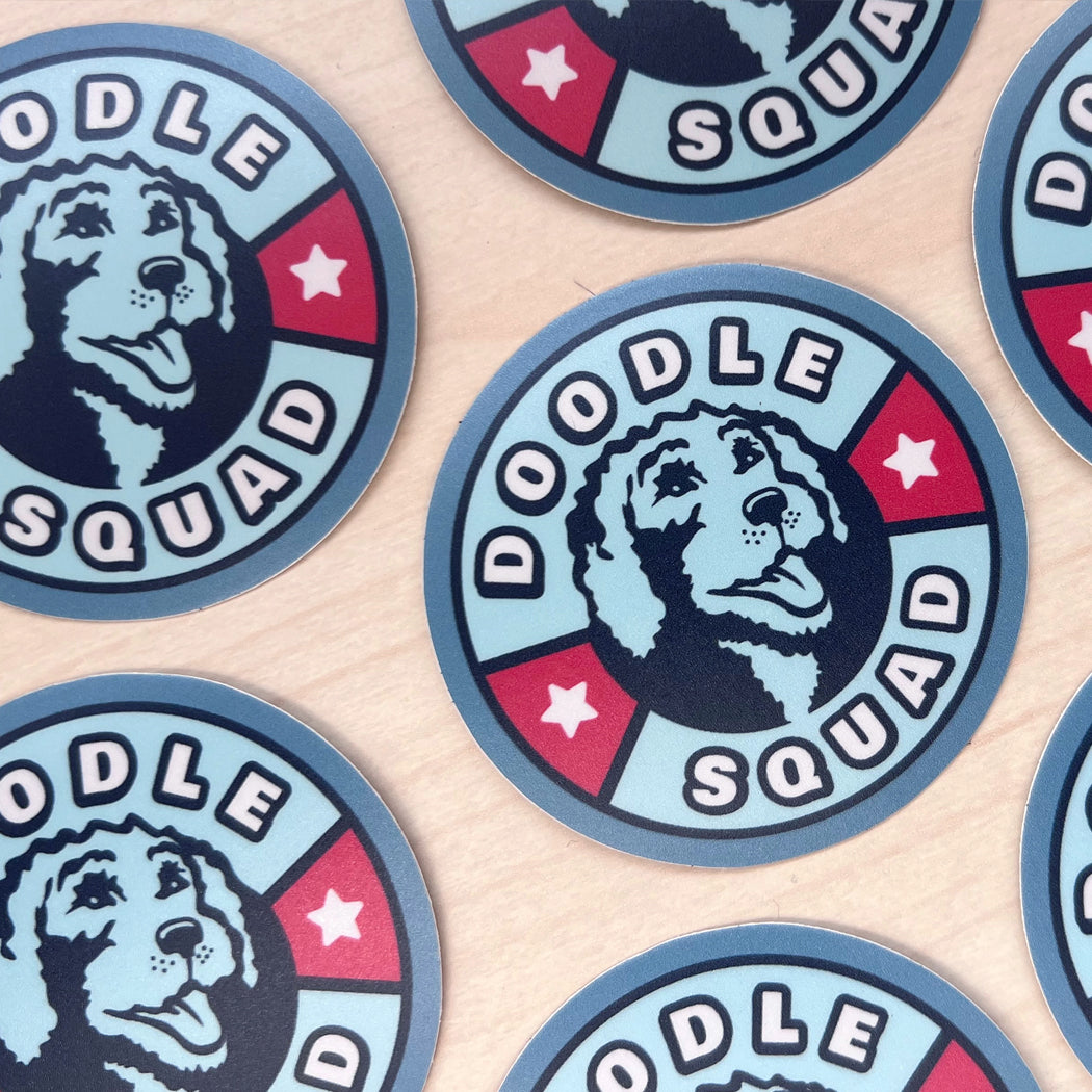 Doodle Squad Round Sticker – waterproof vinyl sticker for doodle dog lovers.