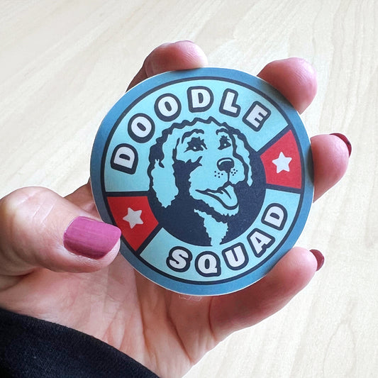 Doodle Squad Round Sticker – waterproof vinyl sticker for doodle dog lovers.