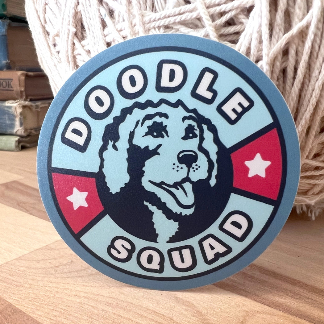 Doodle Squad Round Sticker – waterproof vinyl sticker for doodle dog lovers.