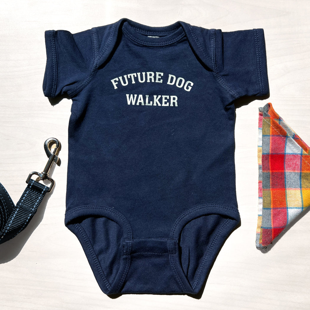 Future Dog Walker baby bodysuit – soft cotton jumper for dog-loving families and pet parents.