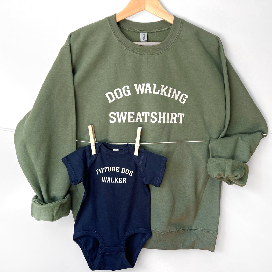 Future Dog Walker baby bodysuit – soft cotton jumper for dog-loving families and pet parents.