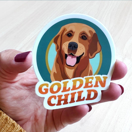 Golden Child Golden Retriever waterproof vinyl sticker – perfect for dog lovers, laptops, and water bottles.