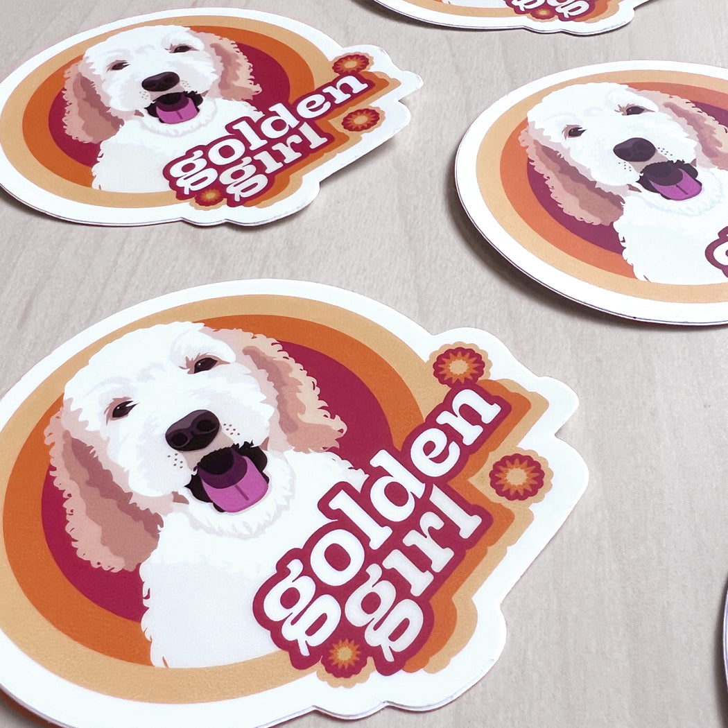 Golden Girl Doodle Sticker – a waterproof vinyl Goldendoodle decal for dog lovers, laptops, and water bottles.