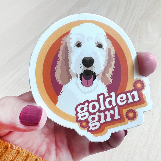 Golden Girl Doodle Sticker – a waterproof vinyl Goldendoodle decal for dog lovers, laptops, and water bottles.