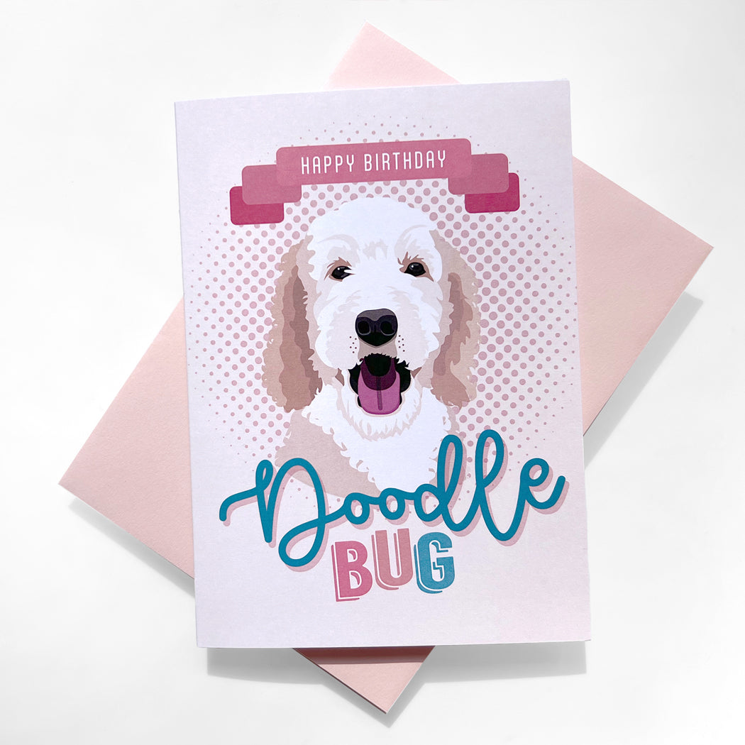 Happy Birthday Doodle Bug Card featuring a cute Goldendoodle illustration.
