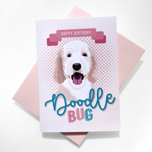 Happy Birthday Doodle Bug Card featuring a cute Goldendoodle illustration.