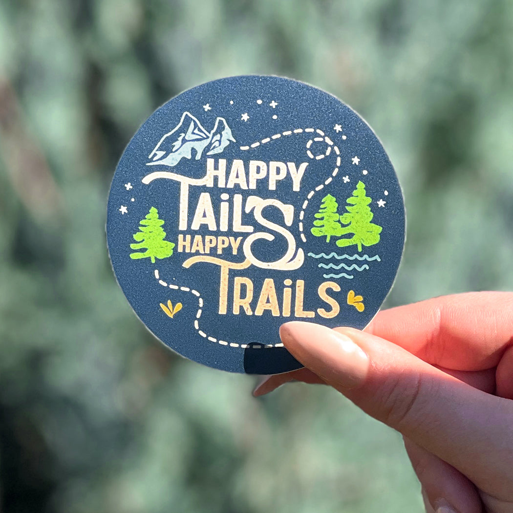 Happy Tails, Happy Trails waterproof vinyl dog sticker for hikers and dog lovers.
