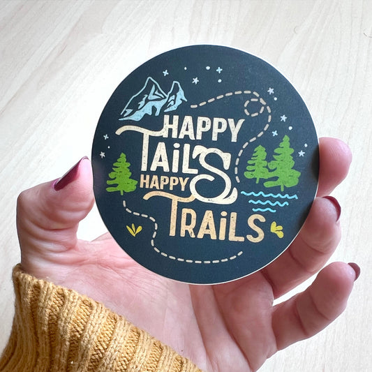 Happy Tails, Happy Trails waterproof vinyl dog sticker for hikers and dog lovers.