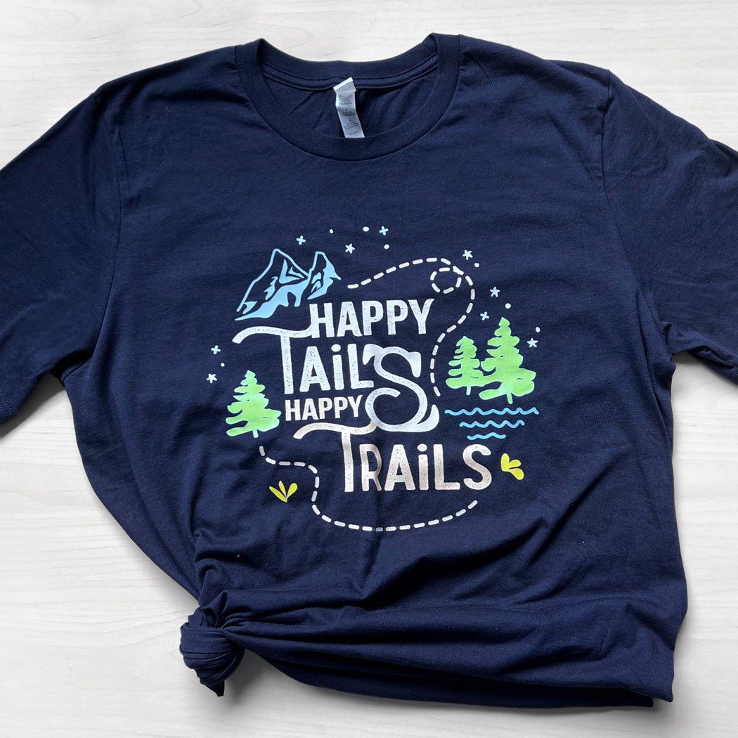 Happy Tails, Happy Trails adventure dog t-shirt for dog lovers and hikers.