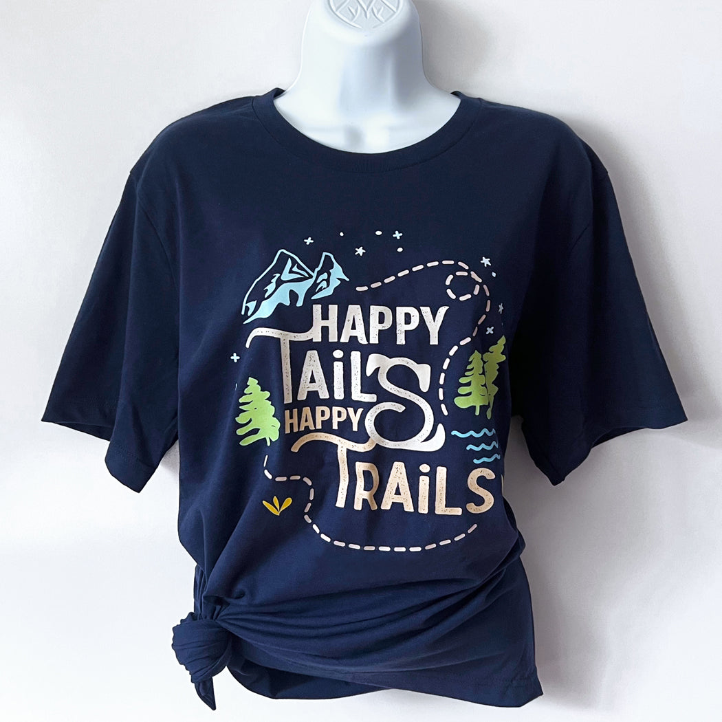 Happy Tails, Happy Trails adventure dog t-shirt for dog lovers and hikers.