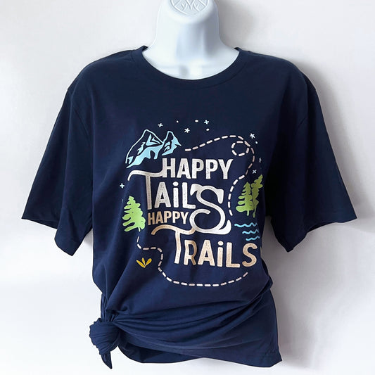 Happy Tails, Happy Trails adventure dog t-shirt for dog lovers and hikers.