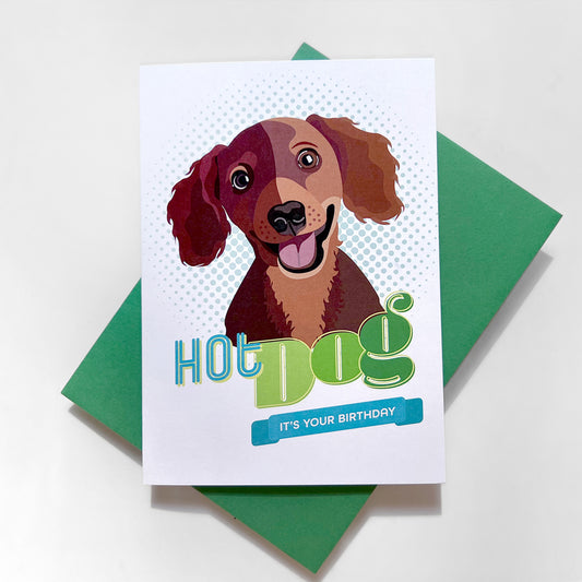 Funny dog lover birthday card with dachshund illustration, blank inside for a personal message.