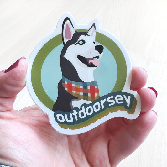 usky Outdoorsy Dog Sticker – waterproof adventure vinyl decal for husky lovers.