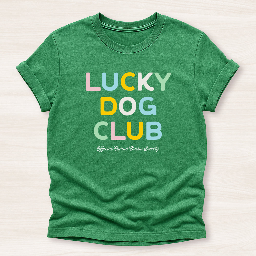 Green t-shirt with 'LUCKY DOG CLUB' text in multicolor on a light background