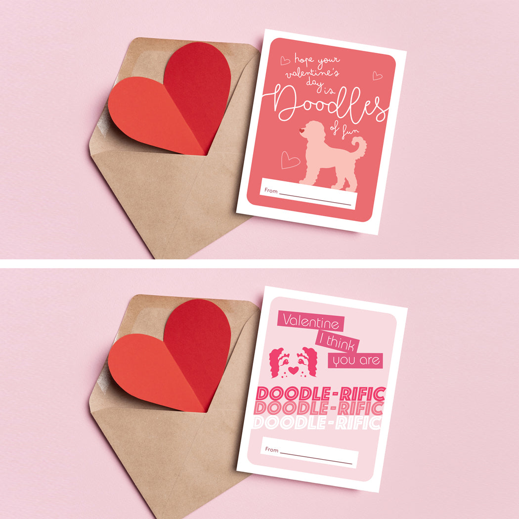 Two Doodle Valentines Day Cards that are various shades of pink.