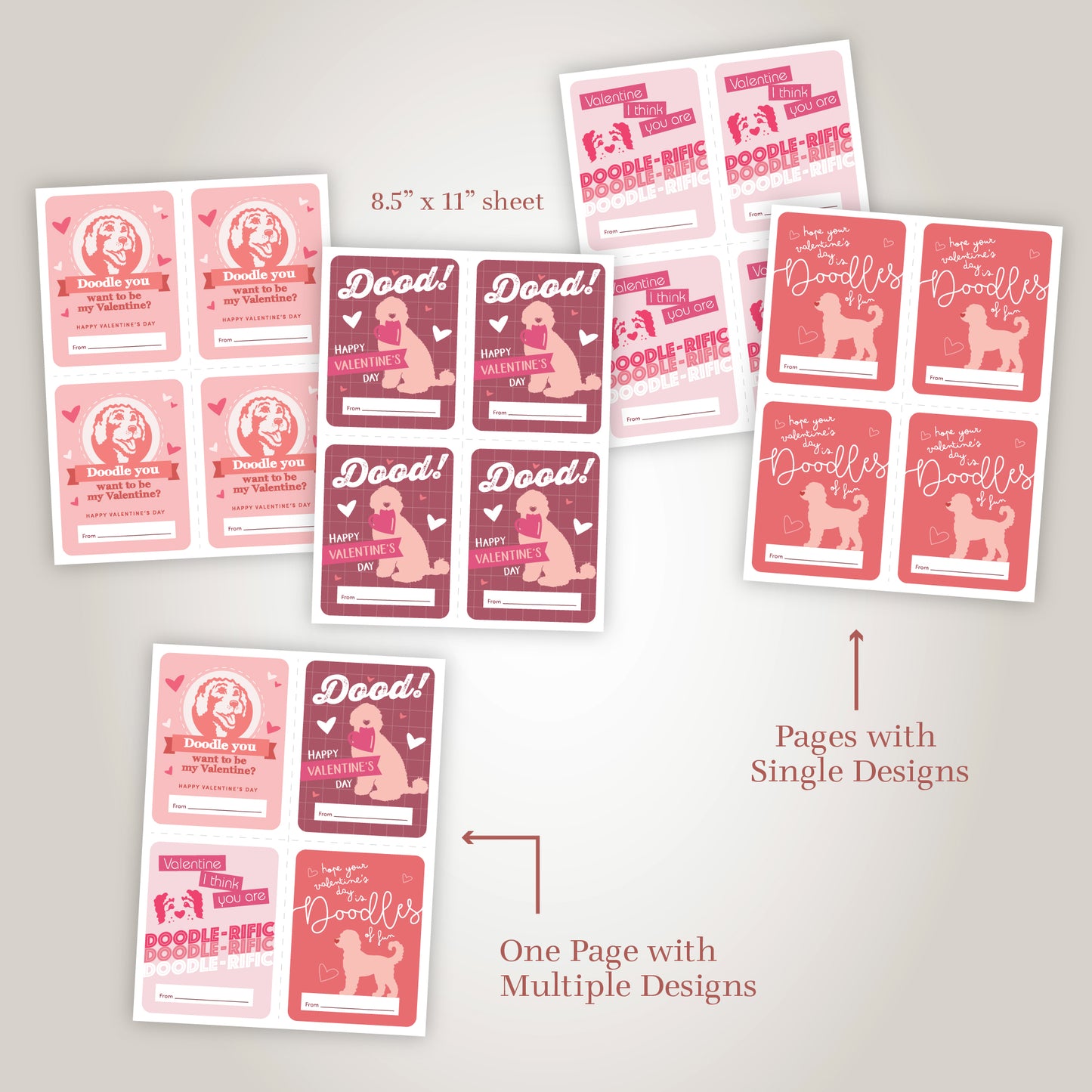 Cute and fun doodle dog-themed Valentine’s Day cards for printing at home.