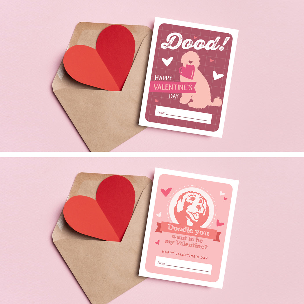 Cute and fun doodle dog-themed Valentine’s Day cards for printing at home.