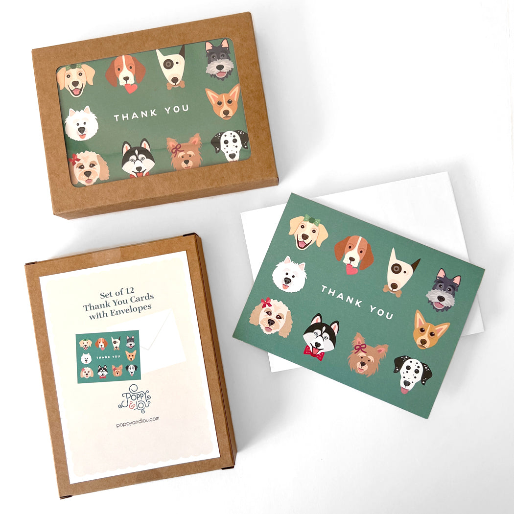 Set of cute dog-themed thank you notecards – perfect for pet lovers and dog owners.