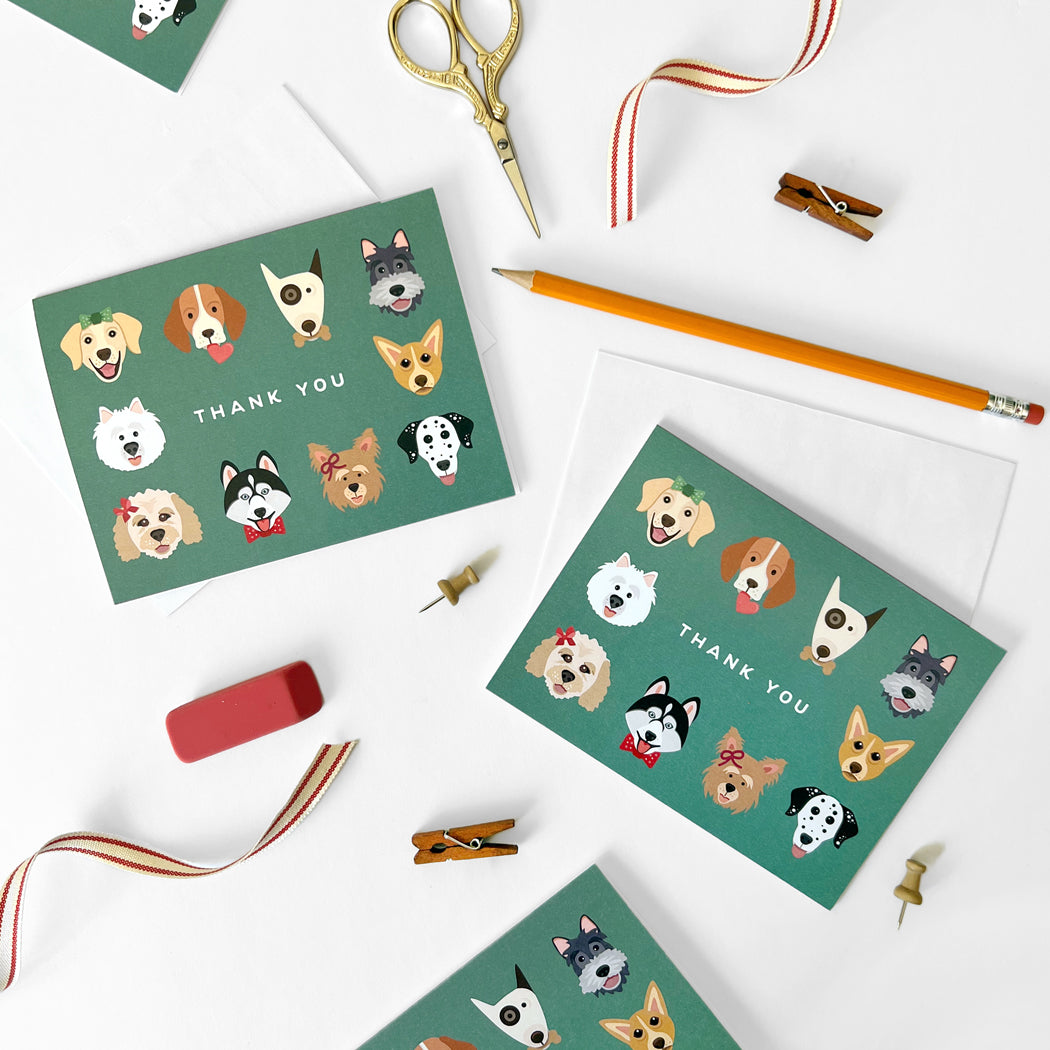 Set of cute dog-themed thank you notecards – perfect for pet lovers and dog owners.