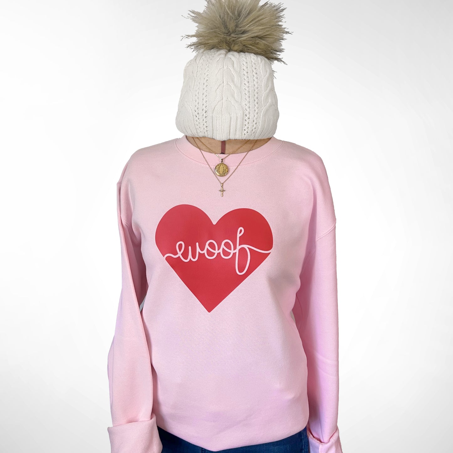 Adorable dog-themed sweatshirt with ‘Woof Heart’ design, a great gift for pet lovers.
