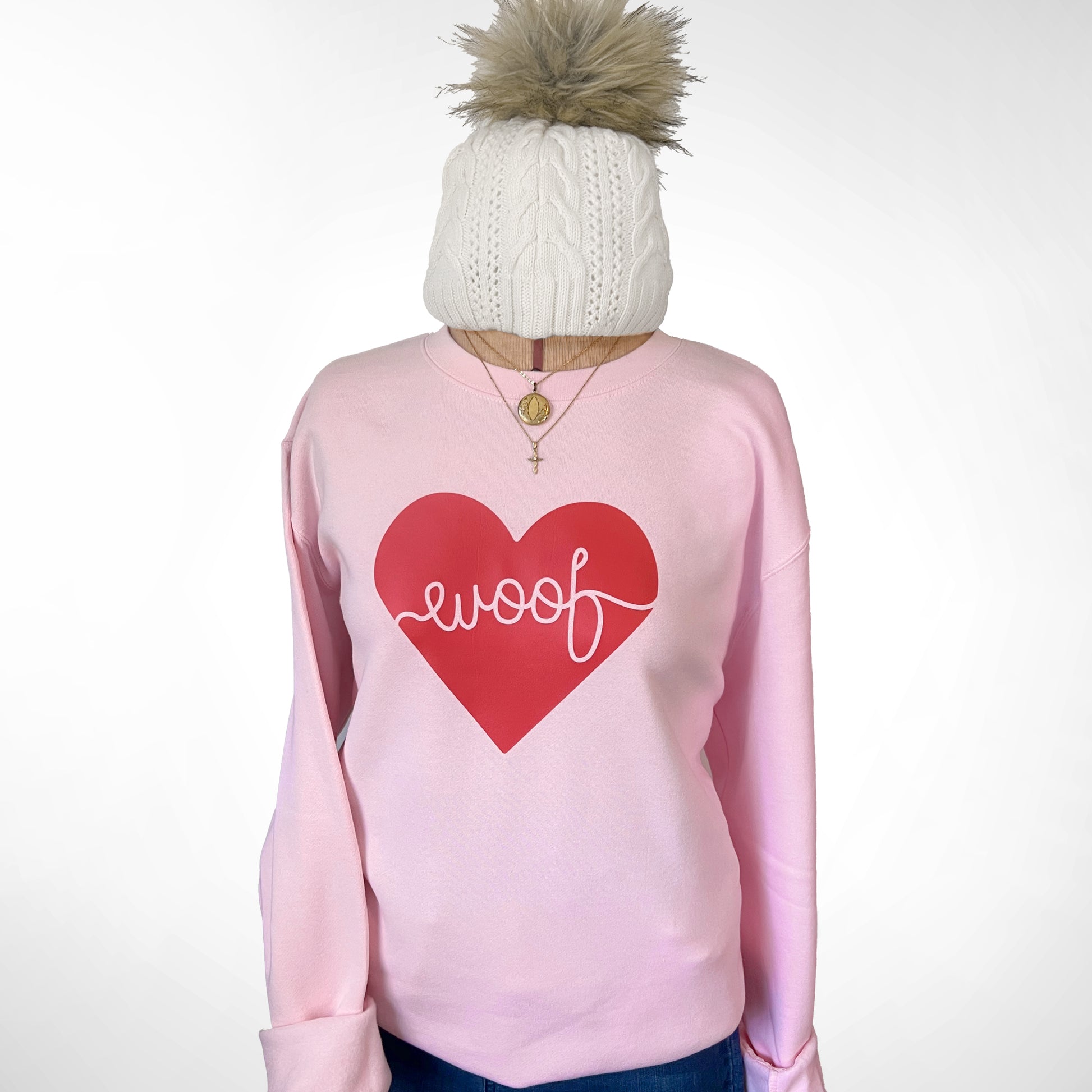 Adorable dog-themed sweatshirt with ‘Woof Heart’ design, a great gift for pet lovers.
