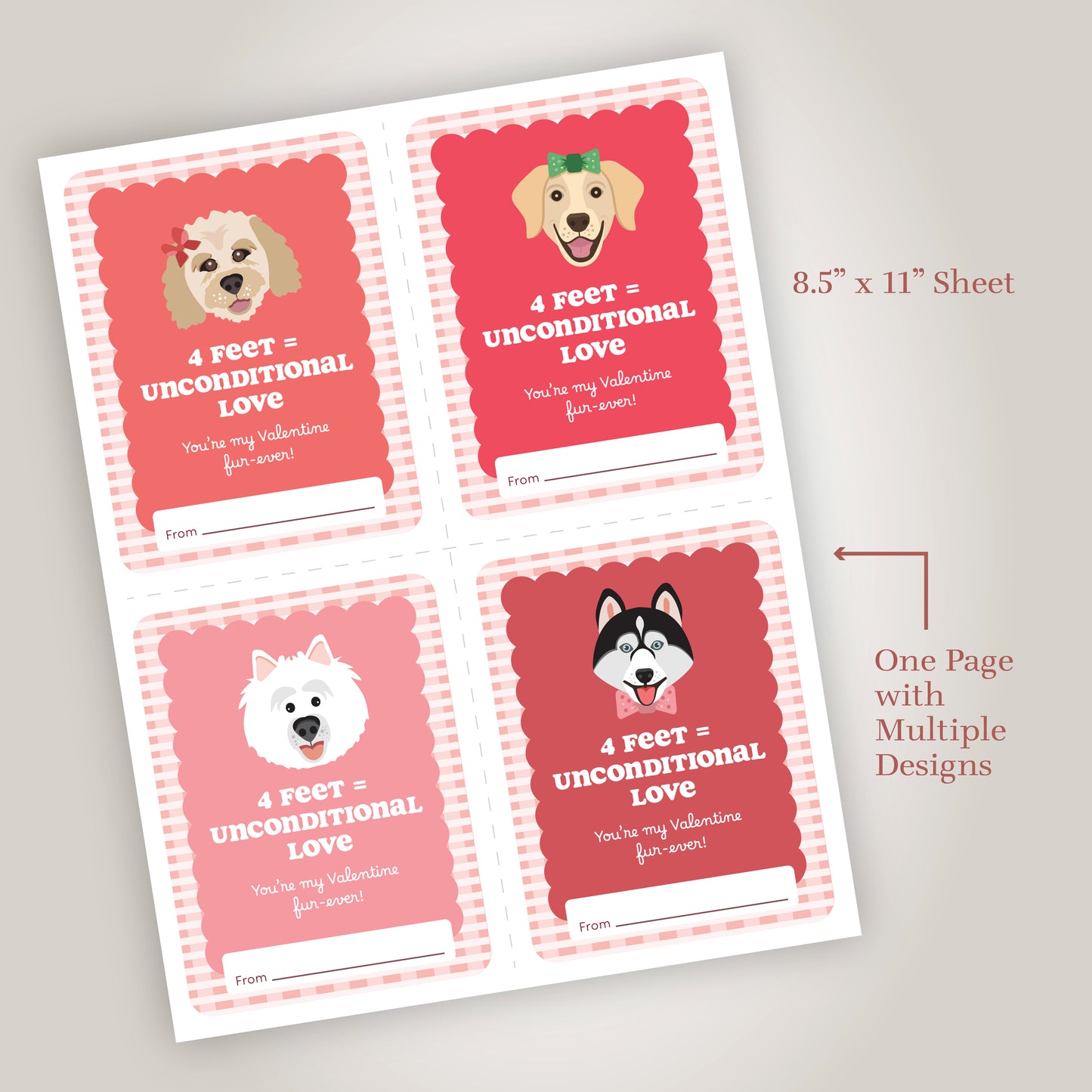 Sheet of Valentine's Day cards with dog illustrations and text on a gray background