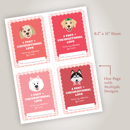 Sheet of Valentine's Day cards with dog illustrations and text on a gray background