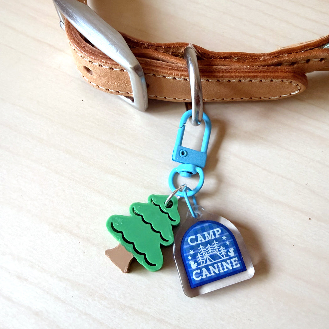 A close-up of a tan leather dog collar with a silver metal buckle, attached to a blue carabiner and keychain charm. The charm includes a green tree silhouette and a blue and white 'CAMP CANINE' tag, displayed on a light wood surface.
