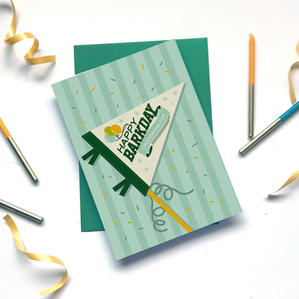 Happy Barkday card with green envelope. 