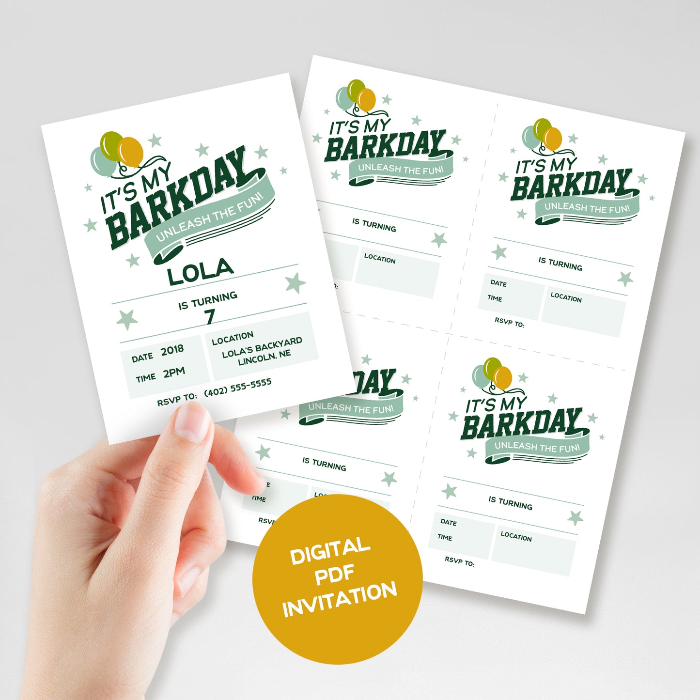 Digital PDF invitation for a dog's birthday party held by a hand on a light gray background.