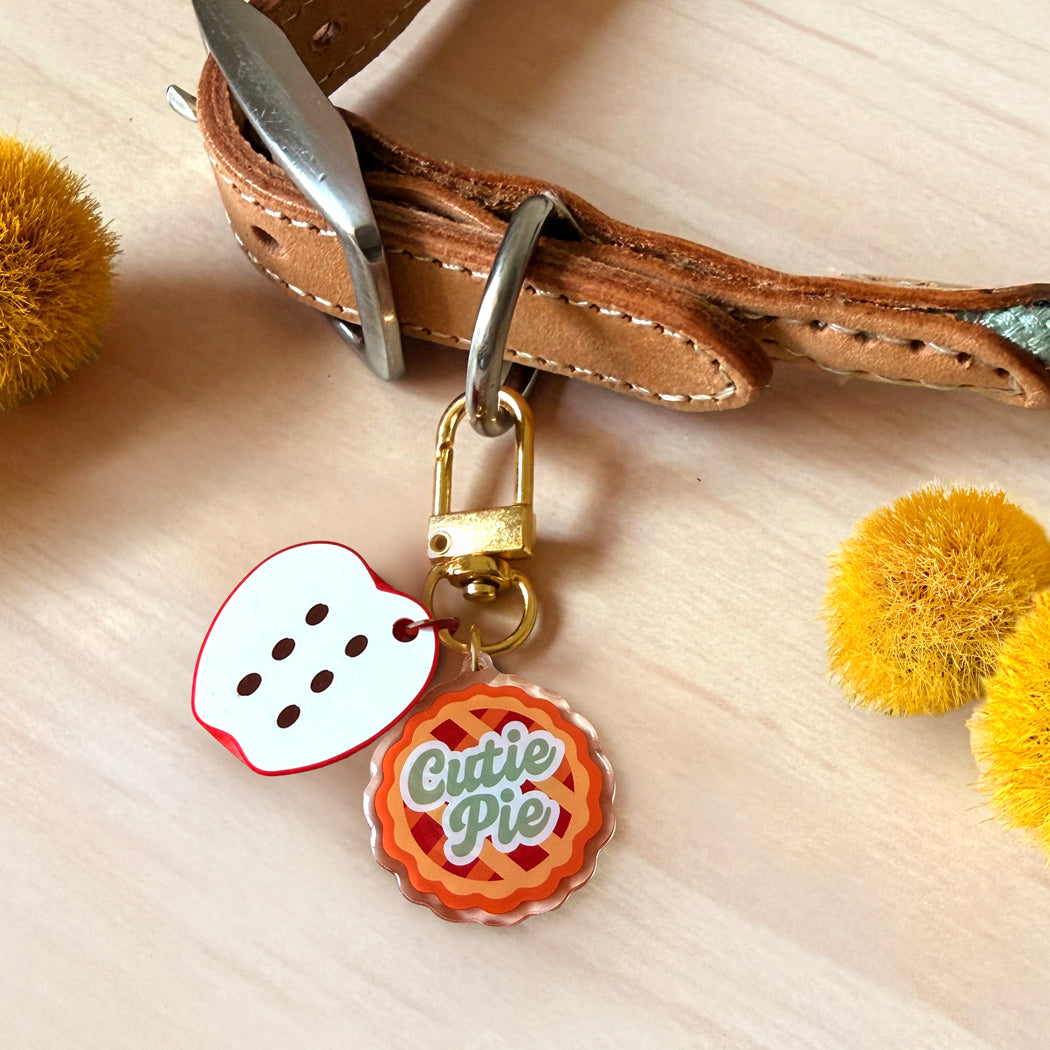 A close-up of a brown leather dog collar with a metal buckle and keychain ring, holding two charms: a white bone-shaped charm with black dots and a round orange pie-shaped charm that says 'Cutie Pie' in green script. The scene is styled on a light wood surface with yellow pom-pom flowers in the corners.