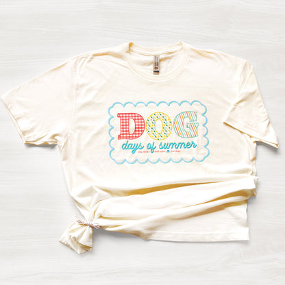 Dog Days of Summer t-shirt with colorful retro lettering and scalloped design – cream tee for dog lovers