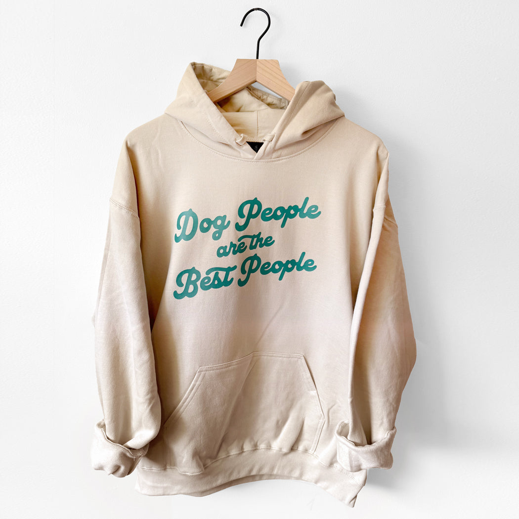 Beige hoodie with 'Dog People are the Best People' text on a white background