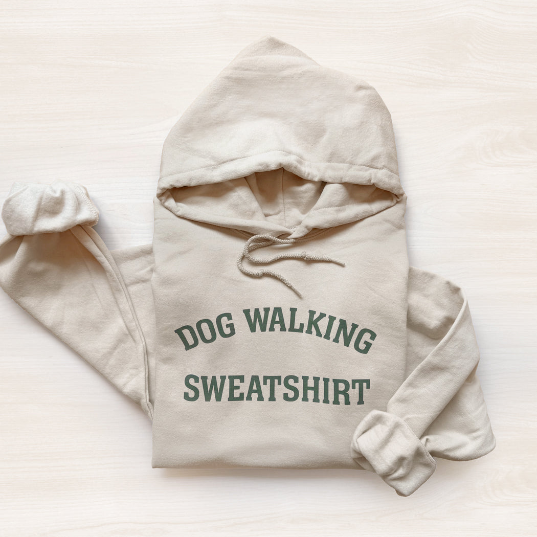 Dog Walking Hoodie Sweatshirt in sand with collegiate lettering