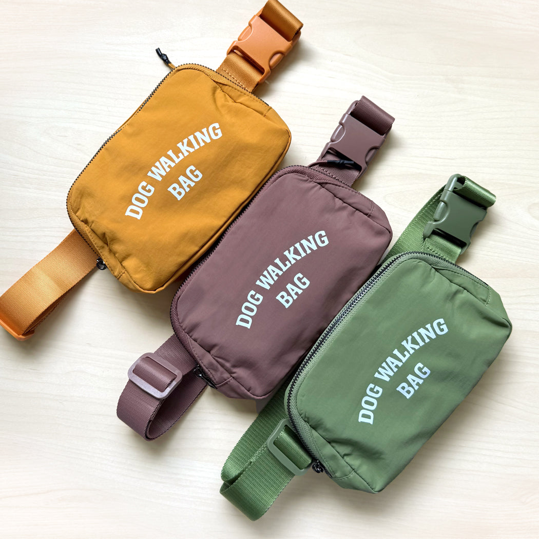 All three colors of the Dog Walking Bag – Yellow, Brown, and Green – displayed side by side