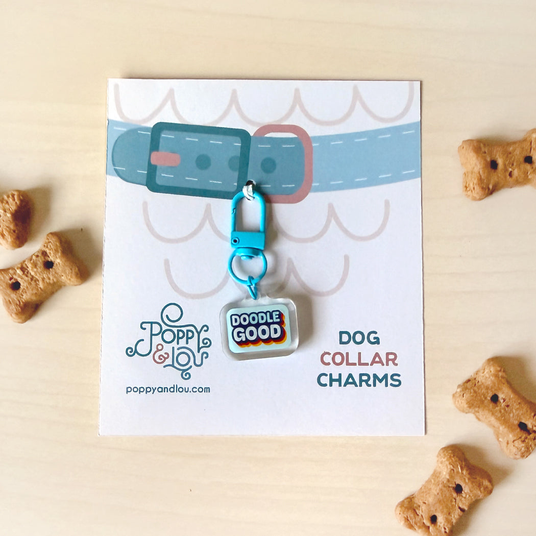 A dog collar charm with a clear square pendant reading 'DOODLE GOOD' in blue and orange lettering, attached to a turquoise clip. It is displayed on a branded white backing card with a cartoon collar graphic, photographed on a light wood surface with dog treats around it.