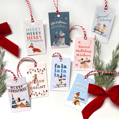 Collection of Christmas-themed gift tags with festive designs on a white background.