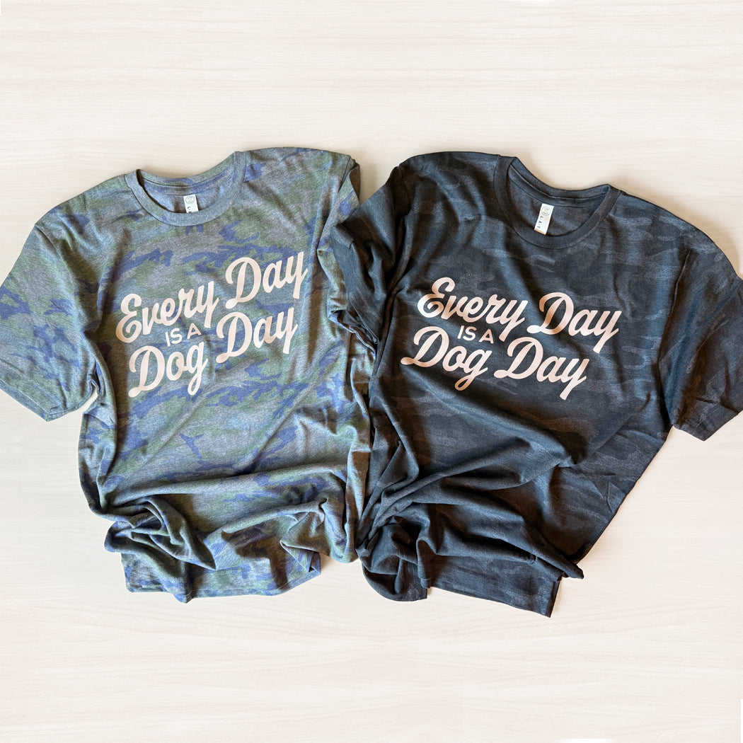 Two shirts, one camouflage and one solid color, with 'Every Day is a Dog Day' text.