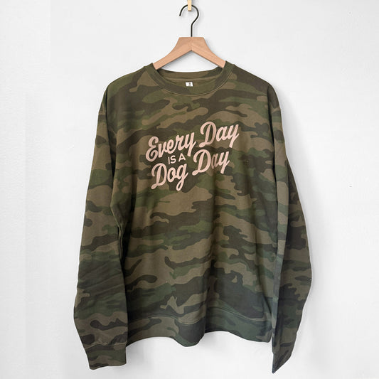 Every Day Is a Dog Day crewneck sweatshirt in Forest Camo with retro tan lettering
