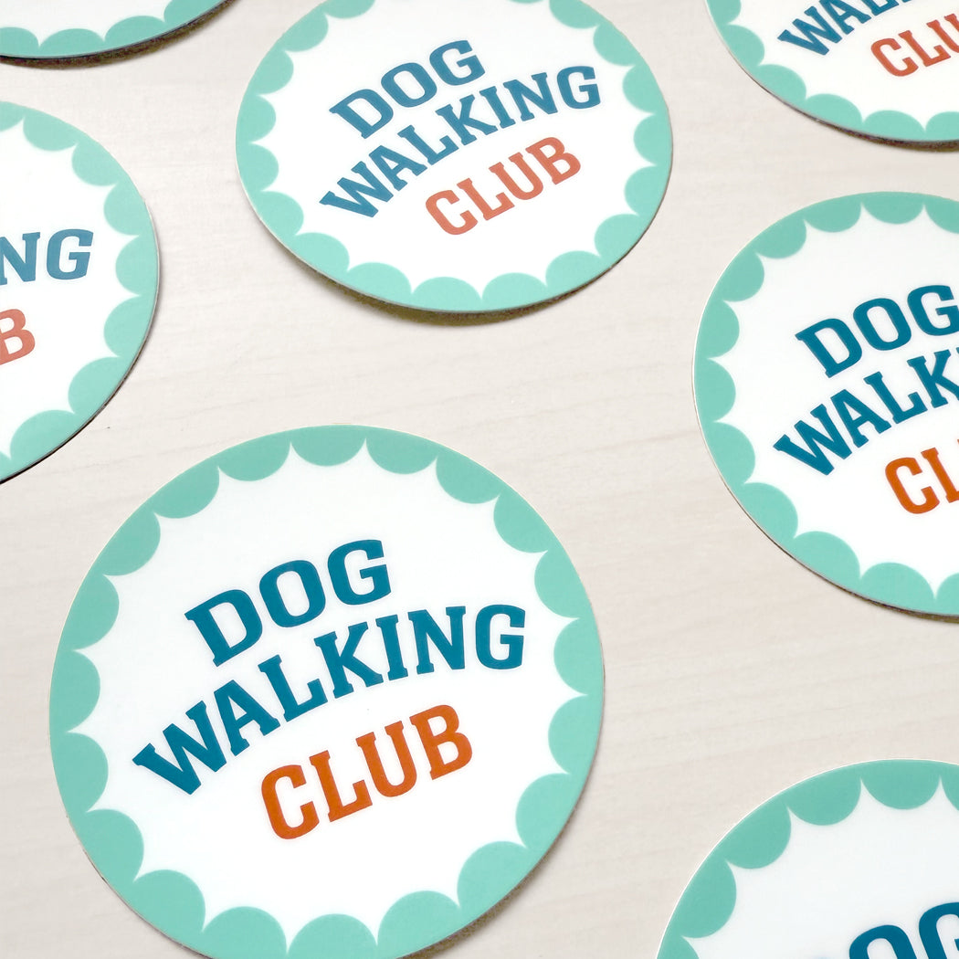 Dog Walking Club Sticker, flat lay showing multiple stickers.