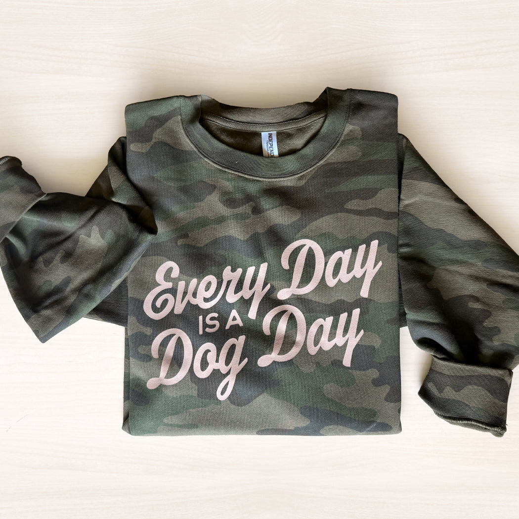 Every Day Is a Dog Day crewneck sweatshirt in Forest Camo with retro tan lettering