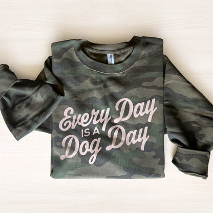 Every Day Is a Dog Day crewneck sweatshirt in Forest Camo with retro tan lettering