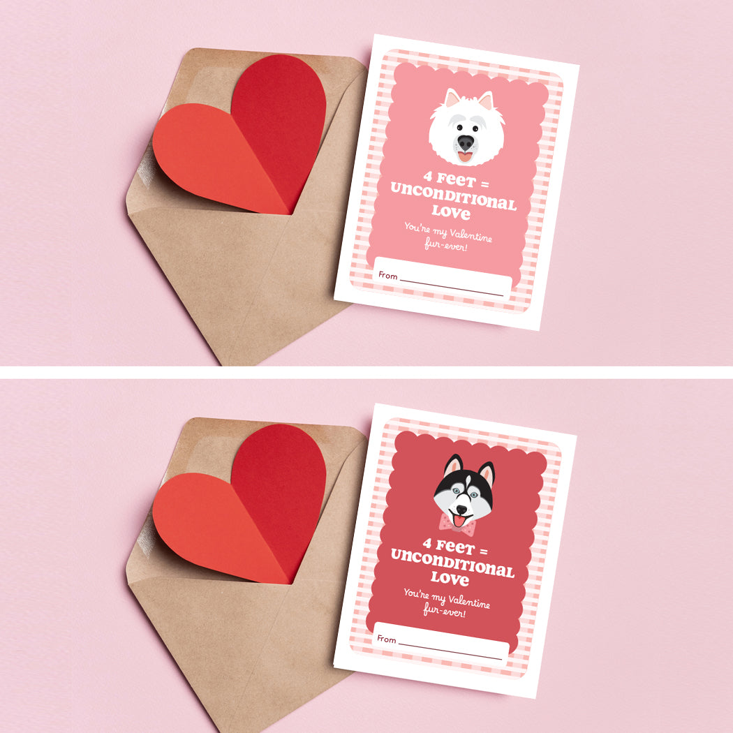 Two Valentine's Day cards with dog illustrations and a heart-shaped envelope on a pink background.