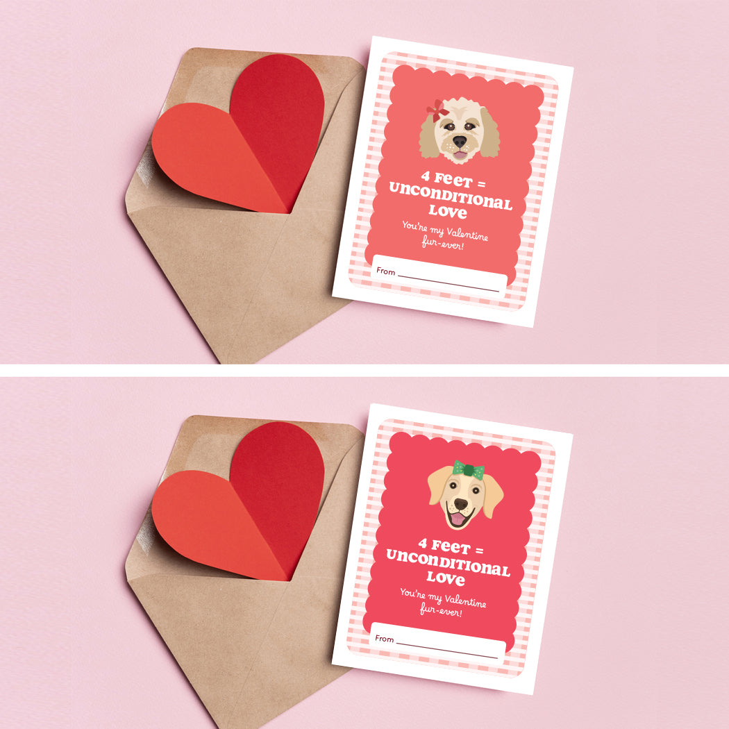 Two Valentine's Day cards with dog illustrations and a heart-shaped envelope on a pink background.