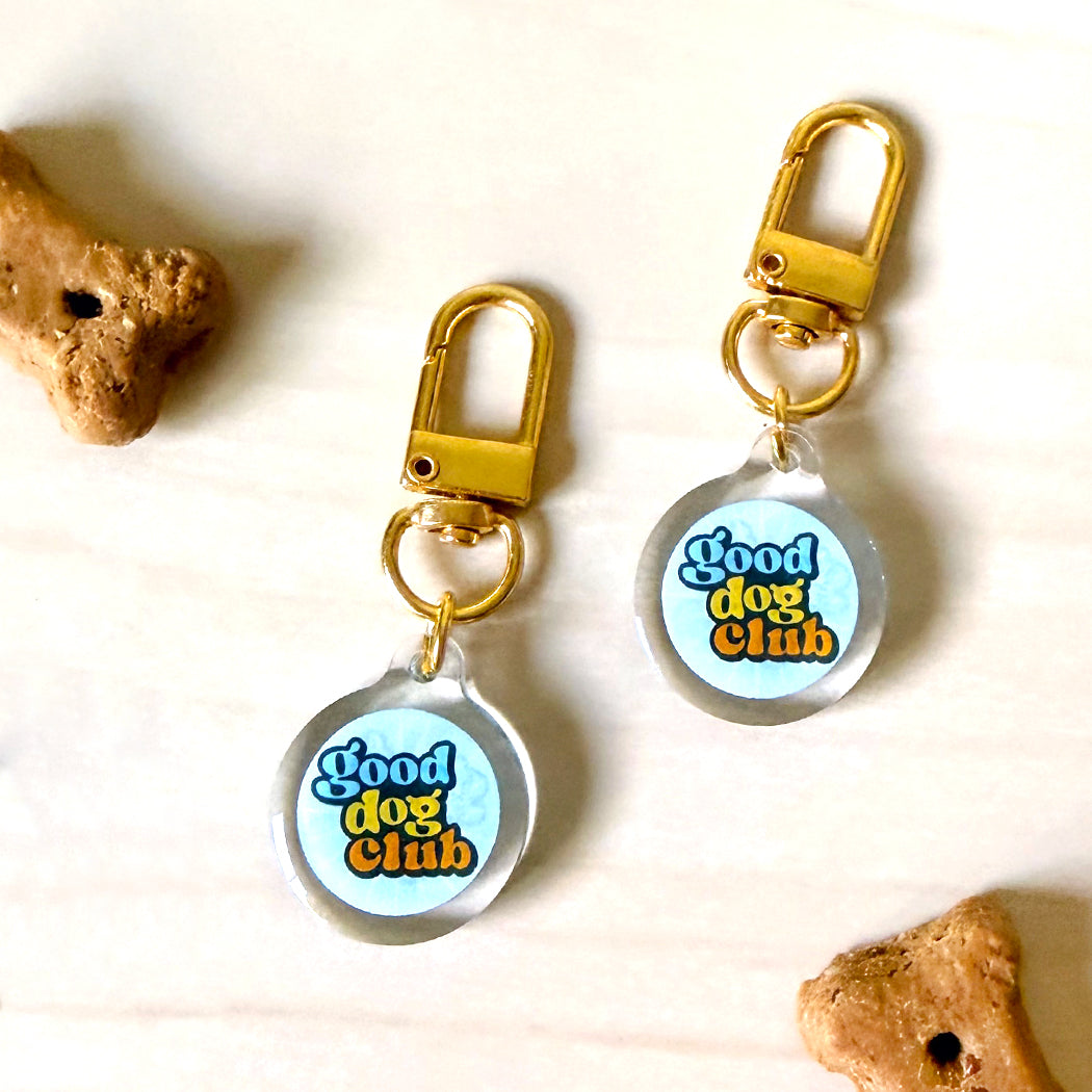 Two matching dog-shaped keychains with gold clasp hardware and clear round pendants featuring the text 'Good dog club' in blue and orange on a light blue background, displayed on a light wood surface with decorative dog treat bones.