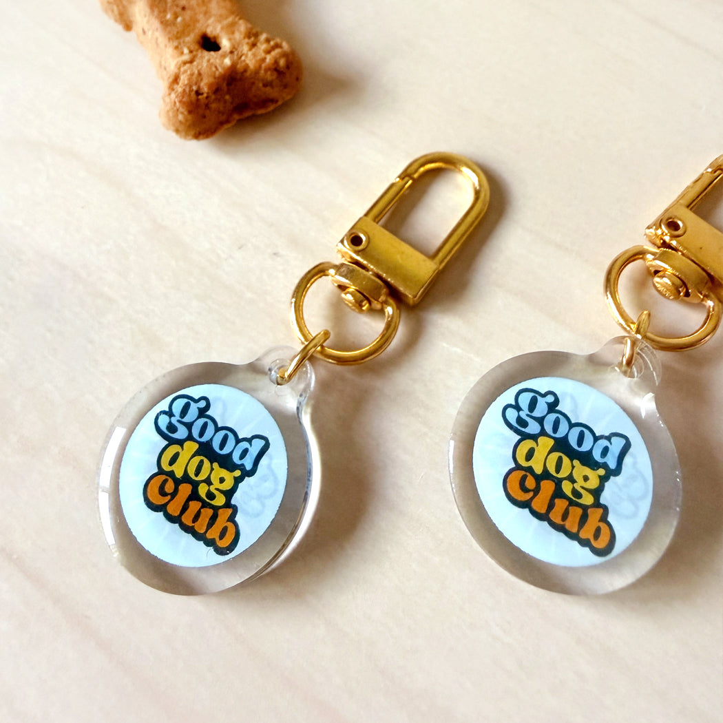 Two round clear acrylic keychains with gold clasp hardware, each featuring a light blue insert printed with the words 'Good dog club' in blue and orange lettering, displayed on a light wood surface.