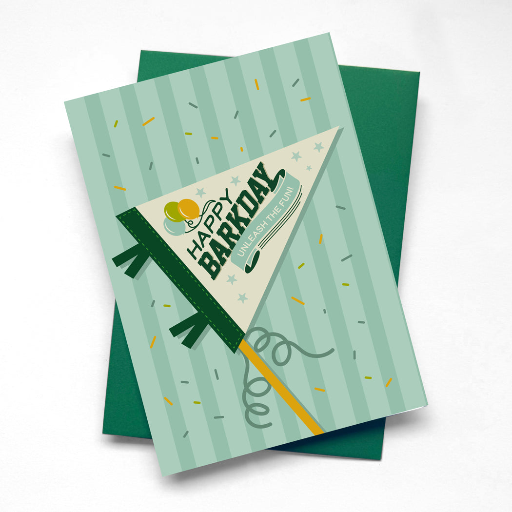 Greeting card with 'Happy Barkday' design on a white background