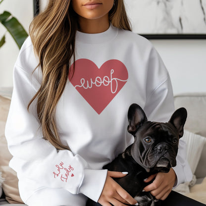 Personalized Dog Name Sweatshirt | Custom Woof Heart Sleeve Crewneck